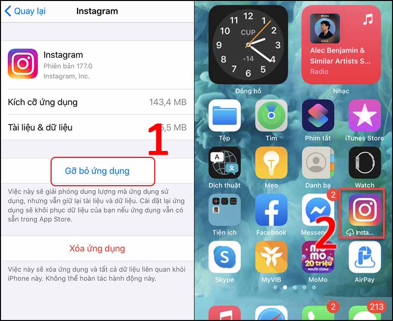 Chọn Gỡ bỏ ứng dụng > Trở về màn hình chính, chọn biểu tượng Instagram để cài đặt lại ứng dụng.